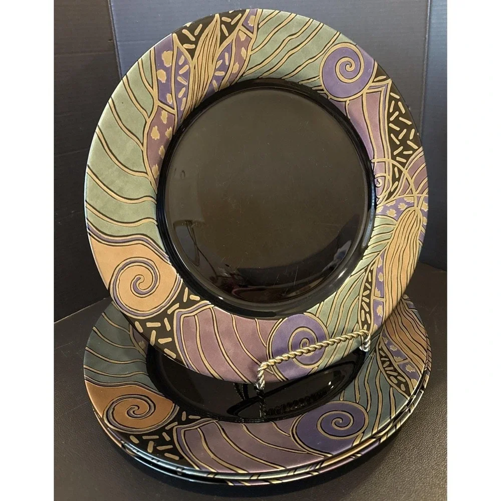 Arcoroc France Tampico Dinner Plate Black Glass 11 Inch Set Of 4 Vintage 90s Art